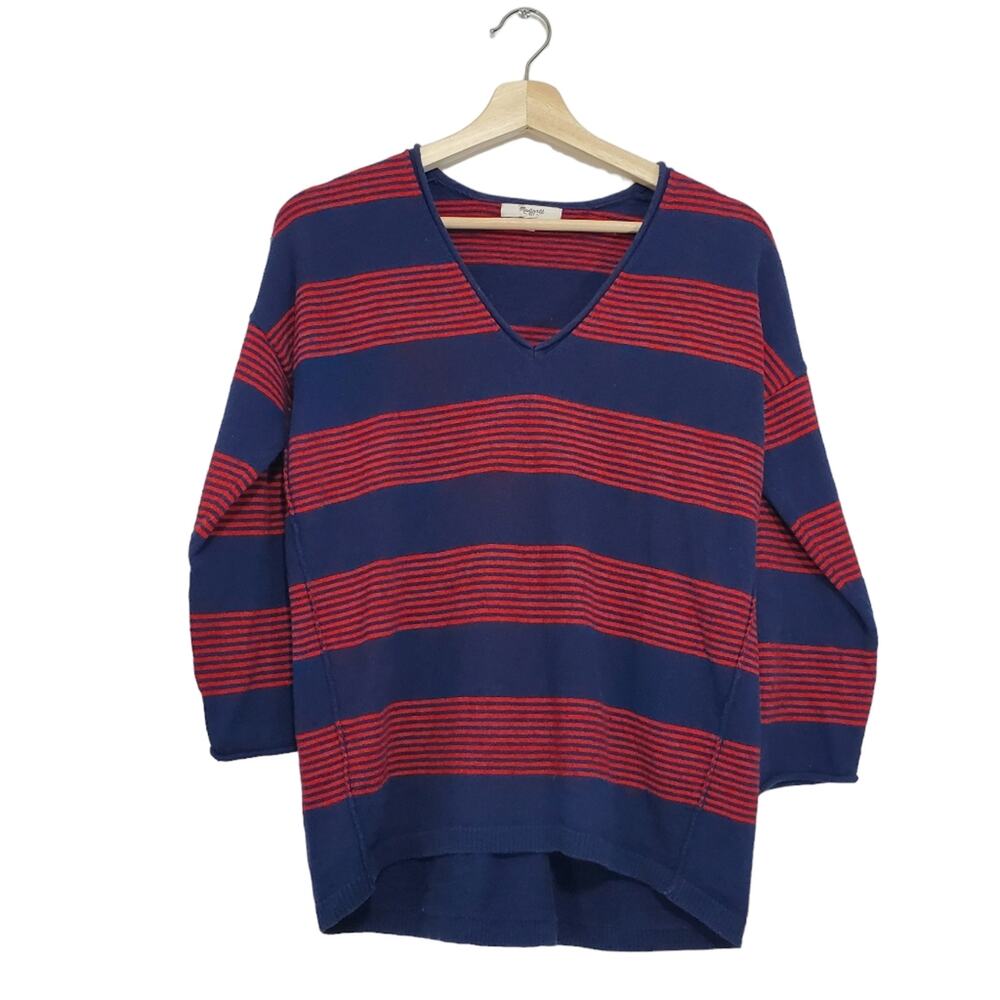 Madewell | Wool Blend 3/4 Sleeve Roll V-Neck Striped Sweater